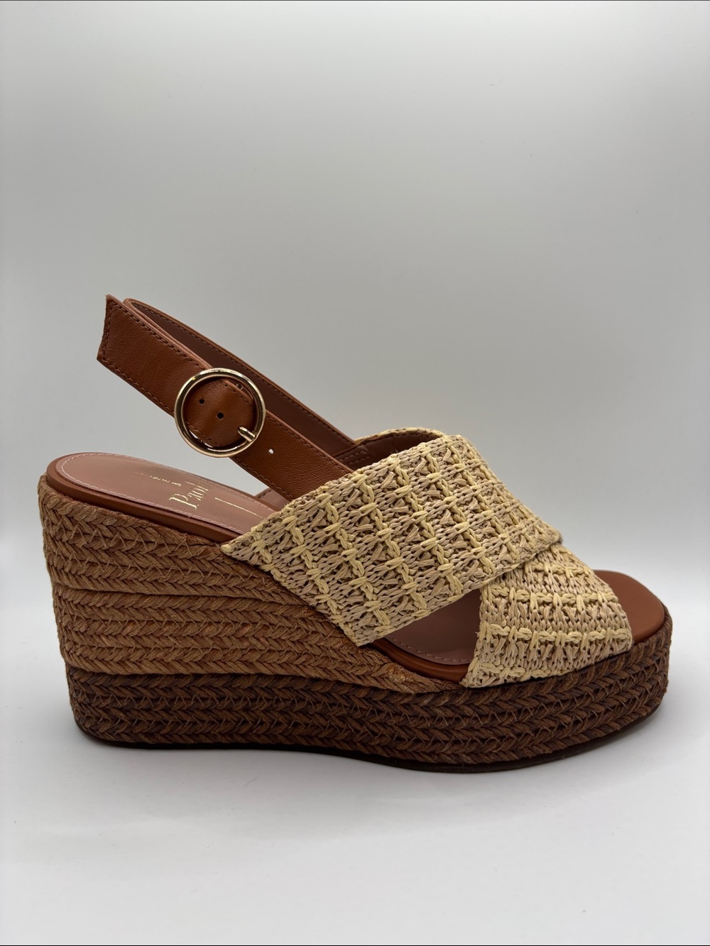 Paolo Tan and Beige Woven Platform Wedge Sandals